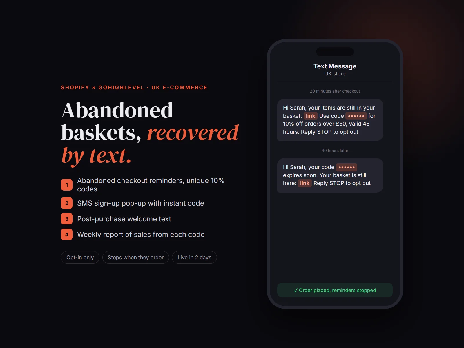 Abandoned checkout reminder texts on a phone, with the discount codes and links hidden