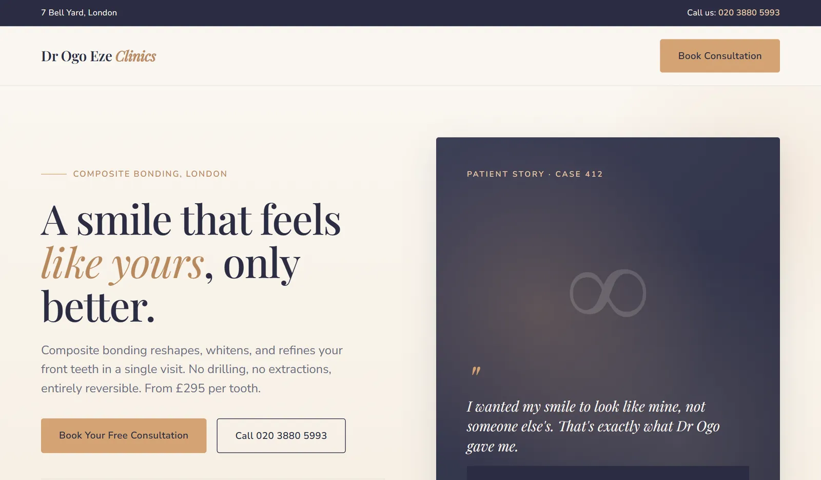 Composite bonding landing page built for Dr Ogo Eze Clinics